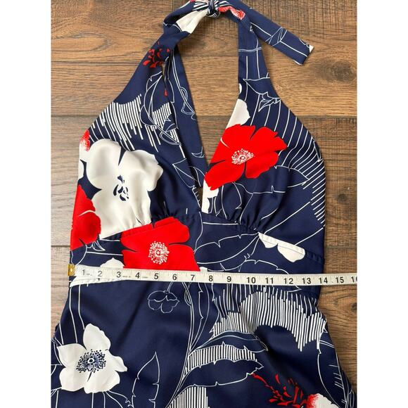 Vintage Hawaii Nei Blue Red Knit Hawaiian Floral 70’s Maxi Gown Halter Dress 14 - Picture 10 of 11